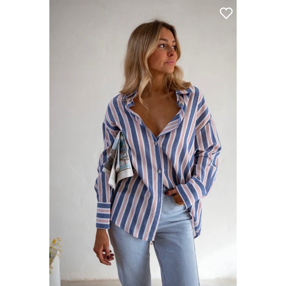 Easy Clothes Paris Blue Striped Sally Button Down Shirt Oversized 100% Cotton OS - Picture 1 of 10